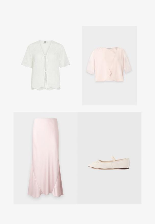 Blouse courte rose clair avec manches trois quarts et un design devant ouvert et ample sur un fond uni.; Blouse blanche à manches courtes avec broderie florale, bords festonnés, col en V et fermetures à nouer à l'avant.; Jupe midi en satin rose clair avec une silhouette évasée en A et des détails subtils de coutures diagonales sur un fond uni.; Ballerines en daim beige clair, bout pointu et fine bride élastique sur le dessus. Semelle plate avec un léger accent en caoutchouc.