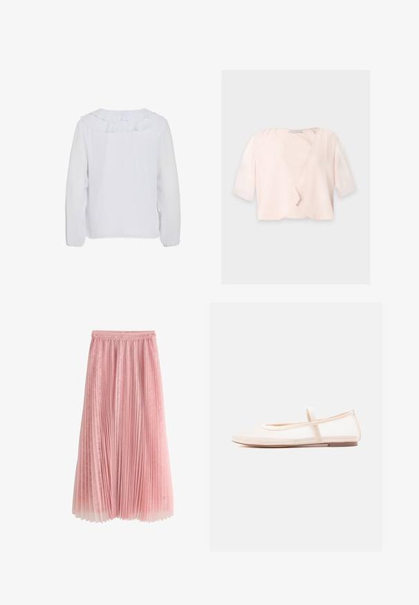 Lichtroze cropped blouse met halflange mouwen en een losse, open voorkant op een effen achtergrond.; Witte blouse met lange mouwen en een ruches kraag, gladde textuur en elastische manchetten. Eenvoudig, schoon ontwerp dat geschikt is voor verschillende gelegenheden.; Roze geplooide midi-rok met een kanten onderlaag en een geplooide tailleband, getoond op een witte achtergrond.; Ballerina's met een doorschijnend beige mesh bovenwerk en een satijnen bandje, voorzien van een ronde neus en een lage bruine zool. Lichtgewicht en flexibel ontwerp.