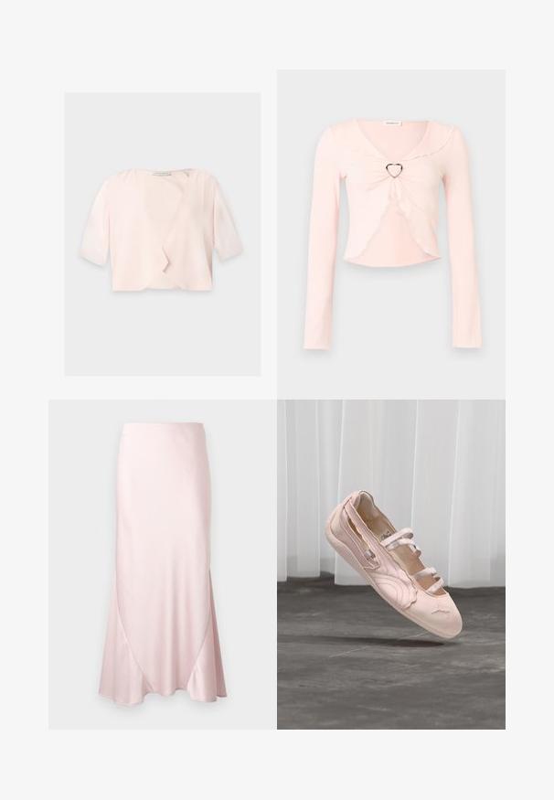Blouse courte rose clair avec manches trois quarts et un design devant ouvert et ample sur un fond uni.; Haut court à manches longues rose clair avec bords festonnés et détail en anneau métallique en forme de cœur au centre devant.; Jupe midi en satin rose clair avec une silhouette évasée en A et des détails subtils de coutures diagonales sur un fond uni.; Ballerine rose pâle avec trois brides élastiques, bord festonné et semelle en caoutchouc, suspendue au-dessus d'un sol en béton avec des rideaux blancs en arrière-plan.
