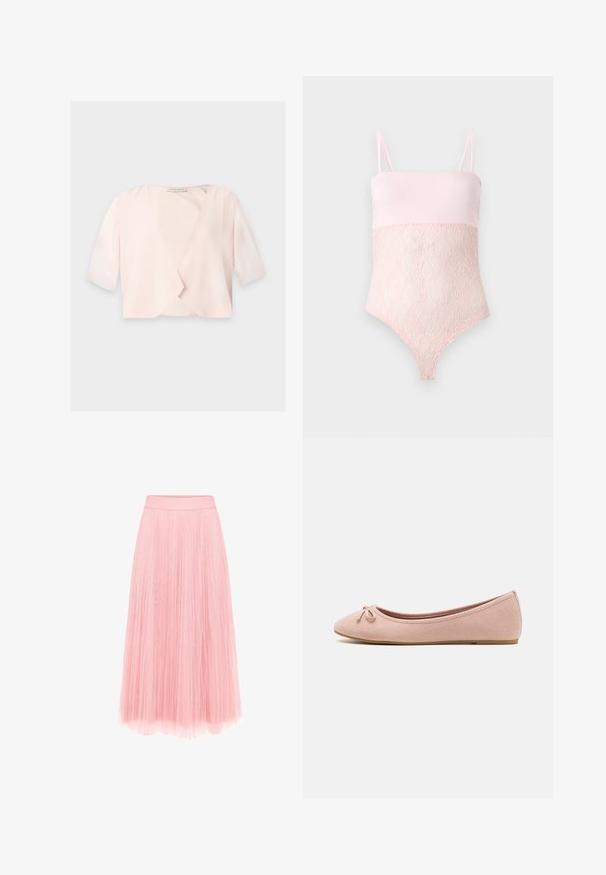 Lichtroze cropped blouse met halflange mouwen en een losse, open voorkant op een effen achtergrond.; Lichtroze kanten body met spaghettibandjes en een gladde bovenkant tegen een effen lichte achtergrond.; zero MIT PLIESSENDEM BECHER - Plooirok - bridal rose; Ballet flats van zacht rozenhuid-suède met een ronde neus en een klein strikdetail aan de voorkant, met een lage platte zool.