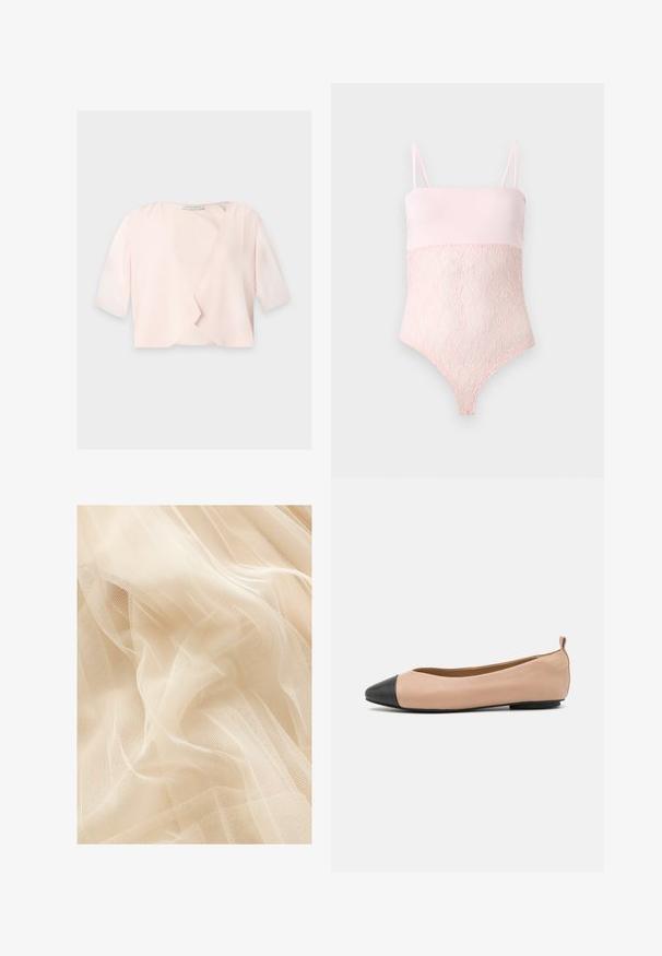Lichtroze cropped blouse met halflange mouwen en een losse, open voorkant op een effen achtergrond.; Lichtroze kanten body met spaghettibandjes en een gladde bovenkant tegen een effen lichte achtergrond.; Lichtbeige tule stof met een zachte, doorschijnende textuur, met een fijne gaasweving die zachte golven en plooien creëert.; Leren balletschoenen met een naakt lichaam en een zwart cap toe. Beschikt over een minimalistisch ontwerp, een gladde textuur en een klein lusje aan de achterkant voor eenvoudig aan- en uittrekken.