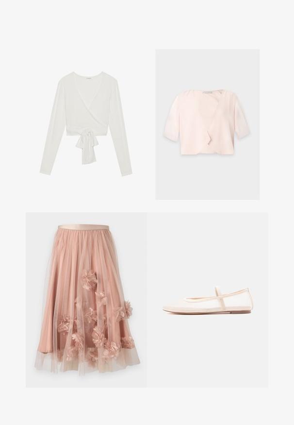 Blouse courte rose clair avec manches trois quarts et un design devant ouvert et ample sur un fond uni.; Haut à manches longues blanc enroulé avec un décolleté en V et un détail noué à l'avant. Fabriqué en tissu doux, présente un design court. Texture lisse.; Jupe en tulle rose pâle avec une ceinture en satin. Comprend plusieurs couches de tissu transparent et des appliqués floraux en trois dimensions sur toute la surface.; Ballerines avec une tige en mesh beige transparent et une bride en satin, dotées d'un bout arrondi et d'une semelle basse marron. Design léger et flexible.