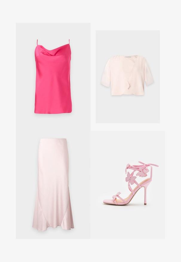 Lyserød cropped bluse med halvlange ærmer og et løst, åbent frontdesign på ensfarvet baggrund.; Ermeløs top i fuchsia satin med cowl-udskæring og tynde stropper. Glat tekstur med blød fald, der har en lige kant nederst.; Lyserød satin midi-nederdel med A-formet silhuet og fine diagonale sømdetaljer på en ensfarvet baggrund.; Lyserøde højhælede sandaler med sommerfugle pynt, lavet af glat materiale. Har tynde stropper og en slank hæl.