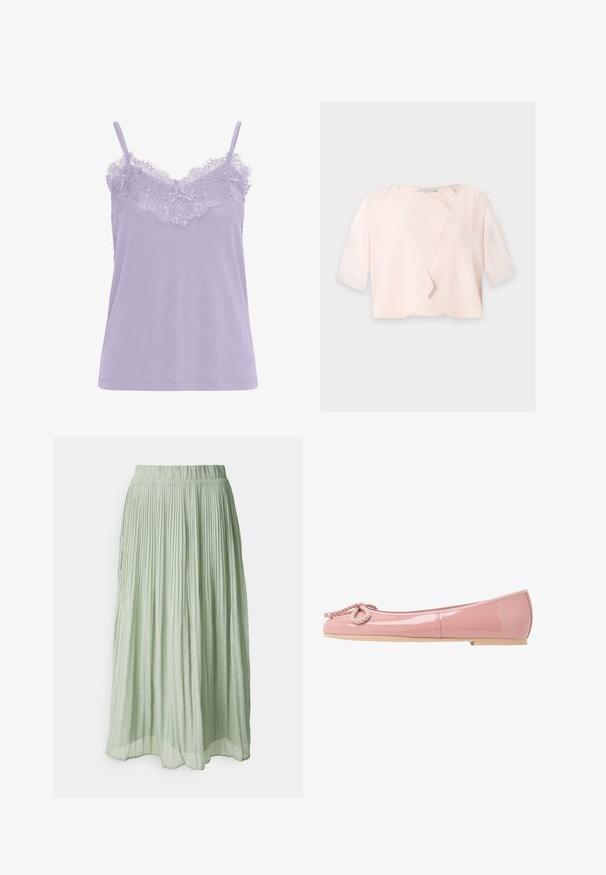 Blouse courte rose clair avec manches trois quarts et un design devant ouvert et ample sur un fond uni.; Camisole lavande avec bordure en dentelle au niveau de l'encolure. Dotée de fines bretelles et d'une texture de tissu douce. Design droit, sans motifs visibles.; Jupe midi plissée en tissu vert clair avec une texture douce. Taille élastique, design fluide et léger éclat partout.; Ballerines en cuir verni rose avec un bout arrondi, détail en corde à l'avant et semelle en caoutchouc beige. Fini lisse et brillant sur l'ensemble.