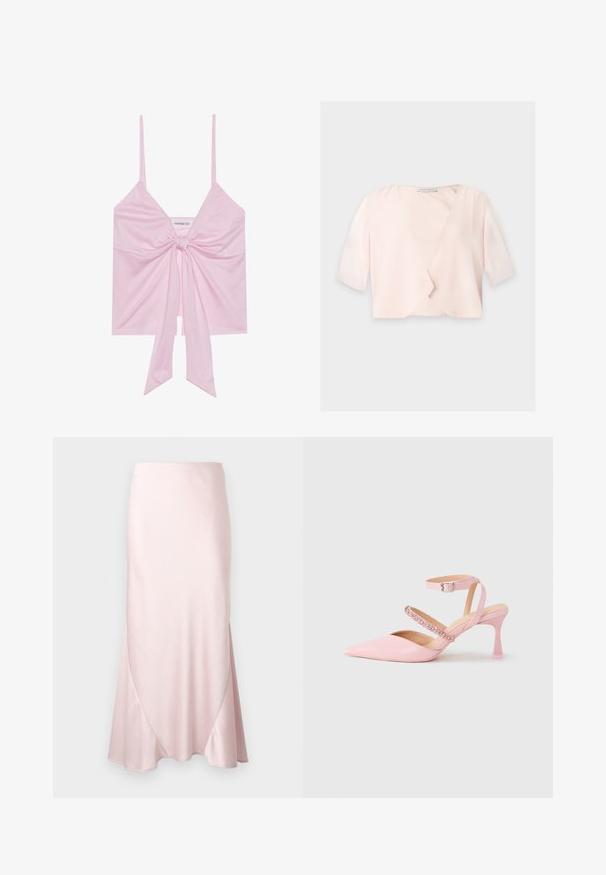Blouse courte rose clair avec manches trois quarts et un design devant ouvert et ample sur un fond uni.; Top sans manches rose avec un détail de nœud à l'avant, doté de fines bretelles et d'une texture douce et lisse. Design décontracté avec une coupe légèrement ample.; Jupe midi en satin rose clair avec une silhouette évasée en A et des détails subtils de coutures diagonales sur un fond uni.; Chaussure en cuir rose à talon haut avec bout pointu, doubles sangles à la cheville et bande décorative en strass. Dotée d'un talon aiguille.