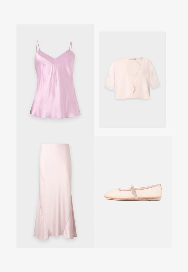 Blouse courte rose clair avec manches trois quarts et un design devant ouvert et ample sur un fond uni.; Camisole en satin rose clair avec fines bretelles spaghetti réglables et un léger décolleté en V, présenté sur un fond blanc uni.; Jupe midi en satin rose clair avec une silhouette évasée en A et des détails subtils de coutures diagonales sur un fond uni.; Chaussure plate beige clair avec un bout pointu et une bride latérale avec boucle, présentée sur un fond blanc uni.