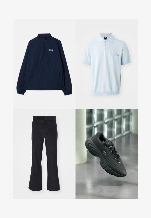 Marineblauer Langarm-Pullover-Jacke mit Halbreißverschluss, elastischen Bündchen, zwei Seitentaschen und dem weißen EA7 Emporio Armani Logo auf der Brust.; Helles blaues Polohemd aus strukturiertem Stoff, mit drei Knöpfen, kurzen Ärmeln mit kontrastierenden Bündchen und einer Brusttasche.; Schwarze Cordhosen mit lockerer Passform, klassischem Bund und weit geschnittenen Beinen, weicher Textur und ohne sichtbare Muster oder Akzente.; Schwarzer Sneaker mit strukturiertem Obermaterial, gebogener Sohle und reflektierenden Akzenten. Verfügt über ein Logo an der Seite und ein Schnürdesign.