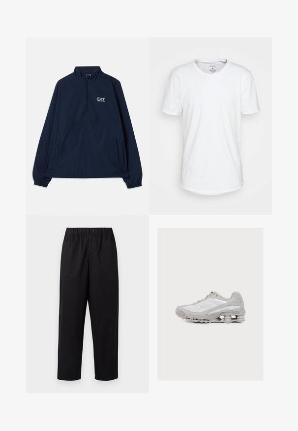 Námornícka modrá dlhá mikina s polovičným zipsom, elastickými manžetami, dvoma bočnými vreckami a bielym logom EA7 Emporio Armani na hrudi.; Biele tričko s krátkym rukávom vyrobené z bavlny s klasickým okrúhlym výstrihom. Obsahuje mierne zakrivený lem a minimalizované švy.; Čierne nohavice s širokými nohavicami, elastickým pásom a jedným gombíkom. Vyrobené z hladkej, ľahkej látky. Rovný lem.; Svetlosivá a biela športová obuv s viditeľným pružinovým odpružením v podrážke a sieťovinovým zvrškom.