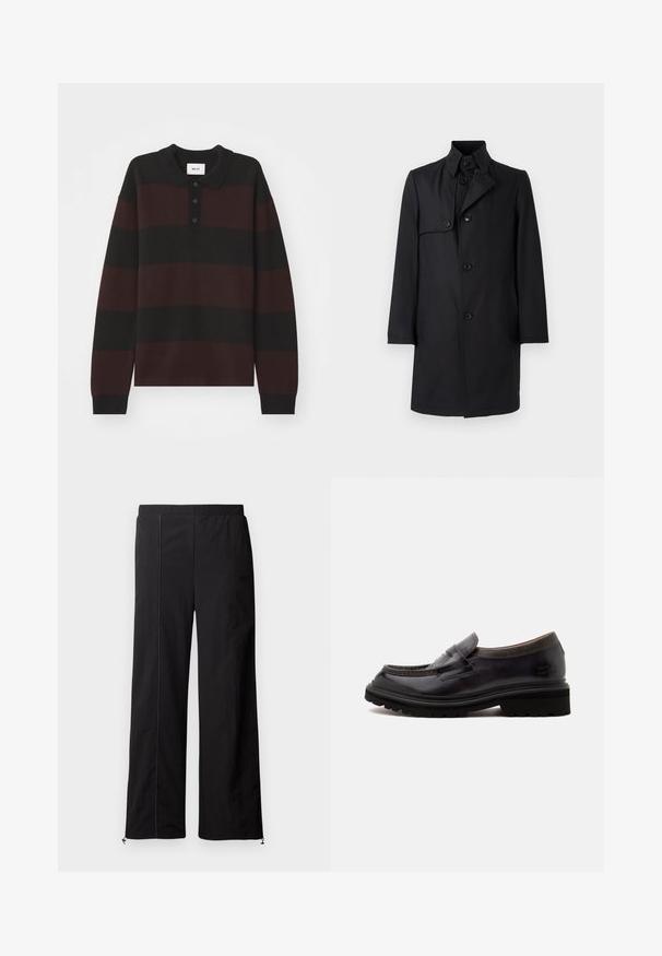 Zwarte trenchcoat met een opstaande kraag, sluiting met vijf knopen, twee zijzakken en een gladde, strakke stoffen textuur.; NN.07 RUGBY - Longsleeve - black; Zwarte wijde broek met een soepele textuur, elastische tailleband en koordsluitingen bij de enkels. Heeft contrasterende stiksels.; Zwarte leren loafer met dikke rubberen zool en gestructureerde kraag, zijaanzicht op een effen lichte achtergrond.