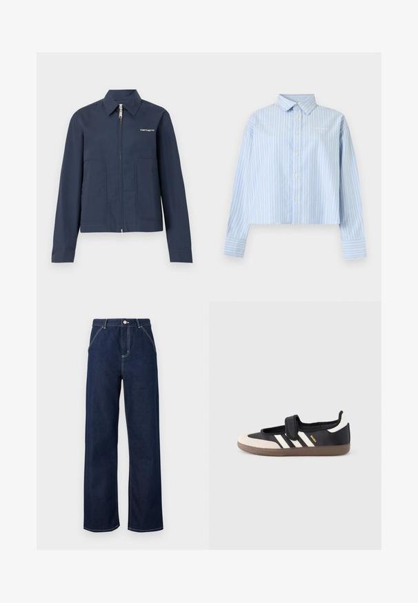 Μπλε σκούρο ζακέτα Carhartt με φερμουάρ, με μυτερό γιακά, μακριά μανίκια, δύο μπροστινές τσέπες και λευκό λογότυπο στο αριστερό στήθος.; Ανοιχτό μπλε πουκάμισο με μακριά μανίκια, λευκές κάθετες ρίγες, γιακά, κουμπιά στο μπροστινό μέρος και φαρδιές μανσέτες σε μονόχρωμο φόντο.; Σκούρο μπλε τζιν με φαρδιά μπατζάκια, εμφανή λευκή ραφή, μπροστινές τσέπες, θηλιές για ζώνη και κλείσιμο με κουμπί στη μέση.; Μαύρο και μπεζ αθλητικό παπούτσι με λουράκι βέλκρο, τρεις λευκές ρίγες στο πλάι και υφασμένη καφέ πατούσα από καουτσούκ. Ορατό το λογότυπο της μάρκας.