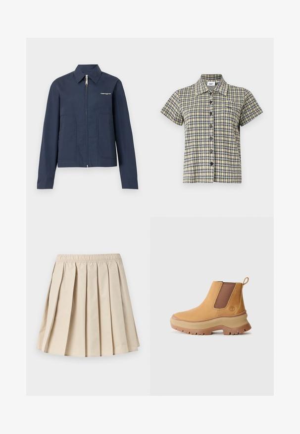 Marineblå Carhartt zip-up jakke med spids krave, lange ærmer, to forlommer og hvidt logo på venstre bryst.; Kortærmet skjorte med knapper, gult, sort og hvidt ternet mønster og krave, vist mod en ensfarvet baggrund.; Beige plisseret nederdel med elastik i taljen, knælang, glat stof, jævnt fordelt kasseplissering.; Brune læder ankelstøvle med elastiske sidepaneler, afrundet tå og tyk gummisål med dyb profil; har en trækstrop bag på hælen.