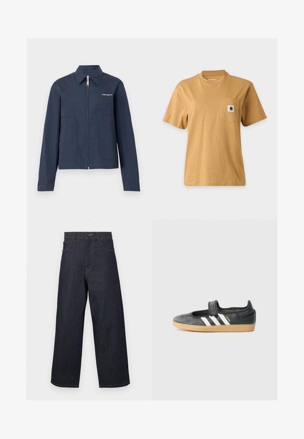 Μπλε σκούρο ζακέτα Carhartt με φερμουάρ, με μυτερό γιακά, μακριά μανίκια, δύο μπροστινές τσέπες και λευκό λογότυπο στο αριστερό στήθος.; Απλό καφέ κοντομάνικο μπλουζάκι με τσέπη στο στήθος που διαθέτει τετράγωνο λογότυπο της μάρκας, εμφανιζόμενο σε απλό ανοιχτό φόντο.; Σκούρο μπλε τζιν παντελόνι με φαρδιά μπατζάκια, με κουμπιά στο μπροστινό μέρος και τσέπες, απεικονίζεται πάνω σε λευκό ομοιόμορφο φόντο.; Μαύρο δερμάτινο και σουέντ αθλητικό παπούτσι με ιμάντα Velcro, χαρακτηρισμένο από τρεις λευκές ρίγες και καουτσούκ σόλα, με την ένδειξη "SAMBA" στο πλάι.