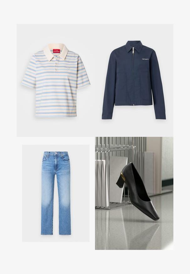 Chaqueta Carhartt azul marino con cremallera, cuello puntiagudo, mangas largas, dos bolsillos frontales y logo blanco en el pecho izquierdo.; Camisa polo de manga corta en color crema con rayas horizontales azules y marrones, con un cuello abotonado y un pequeño logo en el lado izquierdo del pecho.; Vaqueros de mezclilla azul de tiro alto y pierna recta, con bolsillos frontales, trabillas para cinturón, botón y detalles desteñidos en los muslos y rodillas.; Zapato negro de cuero para mujer con tacón bajo y detalle dorado cerca del talón, colocado frente a un estante de alambre que sostiene libros de pie sobre una superficie reflectante.