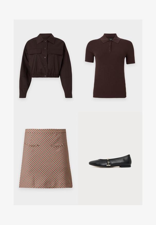 Donkerbruine button-up jas met lange mouwen, twee borstzakken aan de voorkant met klep, brede kraag en elastische zoom, bijgesneden.; Donkerbruine korte mouw ribgebreide poloshirt met drie knopen en een klassieke kraag, weergegeven op een effen achtergrond.; Korte geruite rok met een schakkermotief in rood, zwart en crème. Het heeft een zachte textuur en twee zijzakken.; Zwarte leren platte schoen met afgeronde neus en klein gouden gespsdetail aan de zijkant, getoond op een eenvoudige lichte achtergrond.