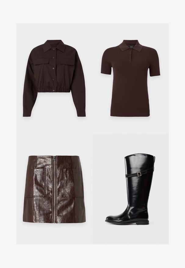 Veste courte marron foncé à boutons, manches longues, deux poches à rabat sur la poitrine, col large et ourlet élastiqué.; Polo en maille côtelée à manches courtes de couleur brun foncé avec trois boutons et un col classique, présenté sur un fond uni.; Mini-jupe en simili cuir marron avec une fermeture éclair à l'avant, deux grandes poches avant et une texture lisse et brillante.; Botte en cuir noir haute avec un talon bas et une sangle décorative avec boucle en argent autour du haut du mollet.
