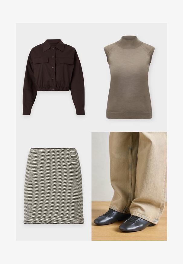 Donkerbruine button-up jas met lange mouwen, twee borstzakken aan de voorkant met klep, brede kraag en elastische zoom, bijgesneden.; Mouwloze taupekleurige gebreide top met een hoge col en geribde randen aan mouwen en zoom, afgebeeld tegen een effen achtergrond.; Zwart-witte mini-rok met houndstooth-patroon, recht model met hoge taille en zonder zichtbare versieringen of zakken.; Zwarte leren schoenen met een gladde textuur, een laag profiel en veters, gecombineerd met losse, lichtbeige denim broeken.
