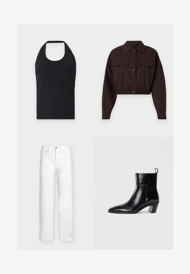 Donkerbruine button-up jas met lange mouwen, twee borstzakken aan de voorkant met klep, brede kraag en elastische zoom, bijgesneden.; CLOSED NECK HOLDER - Top - black; Witte jeans met rechte pijpen, vijf zakken, knoopsluiting en riemlussen op een effen lichtgrijze achtergrond.; Zwarte leren enkelboot met een spitse neus, een geometrische gestapelde hak en een trekband aan de achterkant. Gladde textuur en slank ontwerp.