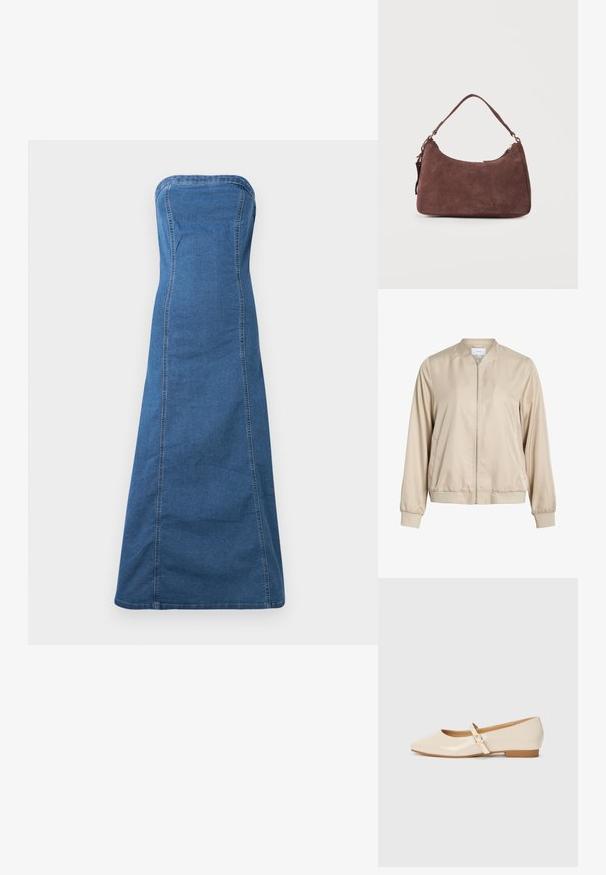 Beige bomberjakke lavet af glat stof, med rund halsudskæring, lynlås foran og elastiske manchetter og bund. Simpelt design uden mønstre.; Blå denim stropløs kjole i medium farve med en lige silhuet, der har synlige sømme og en glat tekstur.; Beige patentlæder balletflade med firkantet tå, lille hæl og justerbar ankelrem med guldspænde accent.; Brun skuldertaske i ruskind med én hank og lynlåslukning, vist mod en ensartet lys baggrund.