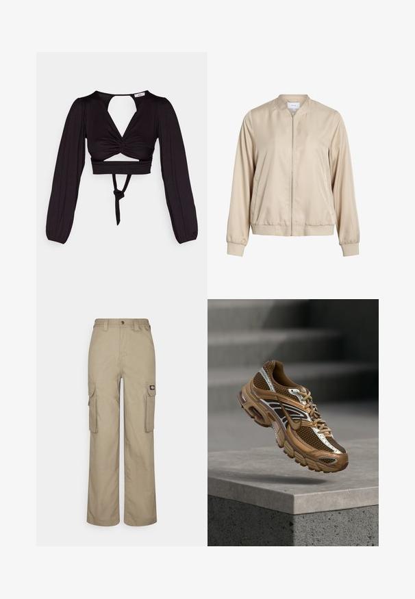 Beige bomberjakke lavet af glat stof, med rund halsudskæring, lynlås foran og elastiske manchetter og bund. Simpelt design uden mønstre.; Sort cropped top med lange puffærmer, snoet frontdesign og åben ryg. Har et bånd i taljen og glat, strækbart stof.; Beige cargo bukser lavet af slidstærkt stof, med en afslappet pasform, flere sidelommer og et elastisk liv med knaplukning.; Brun og tan Nike sneaker med mesh og reflekterende detaljer, der svæver over en betonbeklædning mod en sløret grå baggrund.