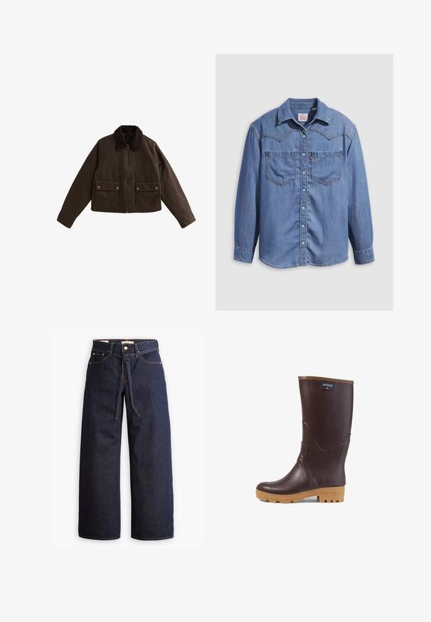 Mørkebrun cropped jakke med fløjlsstof-krave, lynlås foran og to knaplukningslommer med klap på fronten.; Lyseblå denimskjorte med spidst krave, to brystlommer og trykknapper. Har et western-inspireret stykke på skuldrene.; Bredde ben mørkeblå denim jeans med høj talje, der har snoretræk, fem lommer og kontrastsyet detaljer.; Mørkebrun gummistøvle til midt på skinnebenet med lysebrun sål, tekstureret slidbane og "AIGLE" logo-patch nær toppen.