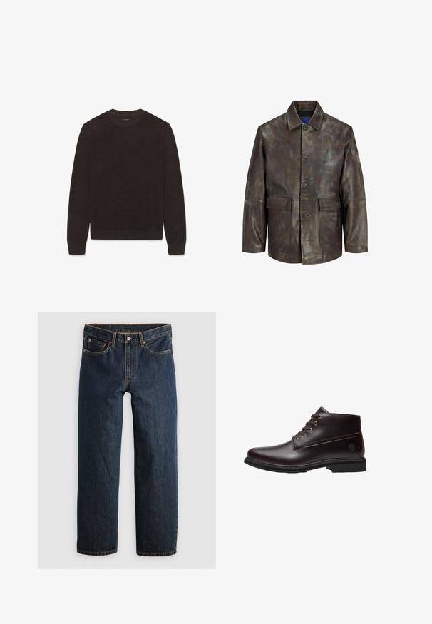 Veste en cuir marron avec une texture légèrement usée, dotée d'un col, d'une fermeture à boutons et de deux poches avant.; Pull marron en tricot, col rond, manches longues, poignets et ourlet côtelés, tissu texturé. Design simple et épuré, aspect doux.; Jean en denim bleu foncé avec une coupe droite. Comprend cinq poches, des surpiqûres contrastantes et une fermeture à bouton à la taille.; Bottine en cuir marron foncé à lacets avec semelle noire et logo discret de la marque sur le côté, présentée de profil sur fond blanc.