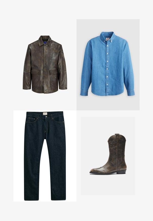 Veste en cuir marron avec une texture légèrement usée, dotée d'un col, d'une fermeture à boutons et de deux poches avant.; Chemise en denim bleu clair à manches longues, col boutonné et boutons blancs. Dispose d'un petit logo brodé sur la poitrine.; Jeans en denim bleu foncé avec une coupe droite, un design à cinq poches et des coutures contrastées. Texture du tissu lisse.; Botte de cow-boy en cuir marron avec un long tige, un bout pointu, des motifs de couture complexes et un petit talon. Finition texturée tout au long.