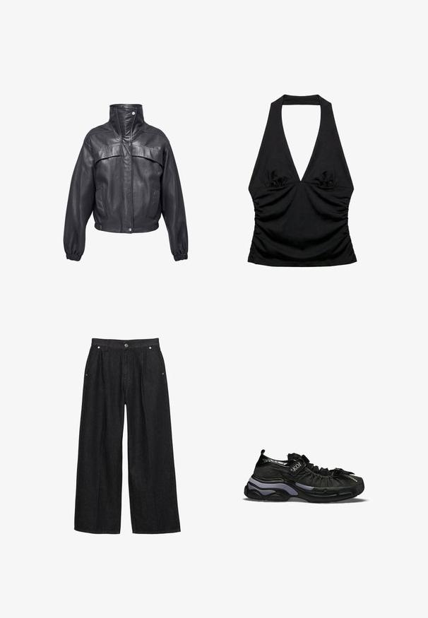 Veste en cuir noir avec un col haut, fermeture à bouton et poignets élastiques. Dispose de deux poches avant et de coutures décoratives sur les épaules.; Top noir à col halter avec un profond décolleté en V et des côtés froncés, conçu pour une silhouette ajustée et stylée.; Pantalon en denim noir à jambes larges avec une taille haute, doté d'un bouton à l'avant, de deux poches latérales et de détails de couture subtils.; Baskets basses noires avec tige en tissu froncé, bride à scratch étiquetée "K01", semelle épaisse avec accents gris, et nœud décoratif sur l'avant.