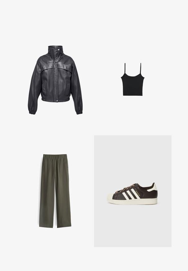 Zwarte leren jas met een hoge kraag, knoopsluiting en elastische manchetten. Heeft twee zakken aan de voorkant en decoratieve stiksels op de schouders.; Stradivarius Top - black; Olijfgroene, wijde broek met een elastische tailleband en twee voorkeuzes. Soepele stof met een minimale textuur en een ontspannen pasvorm.; Low-top Adidas Superstar sneaker in donkerbruin leer met crème shell-toe, witte strepen en de tekst "Superstar" aan de zijkant.