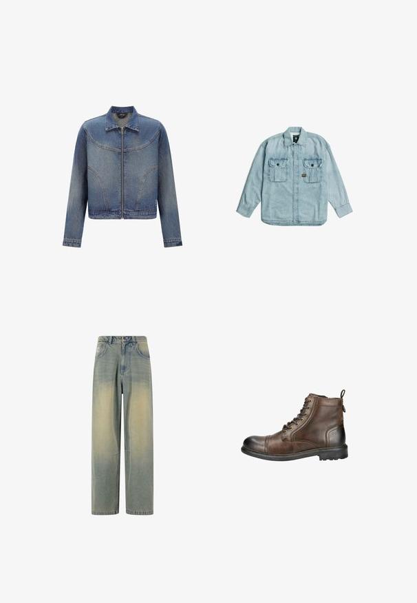 Blauwe spijkerjas met ritssluiting aan de voorkant, klassieke kraag, lange mouwen en gebogen naaddetails op de borst en zijkanten.; Lichtblauw denim shirt met lange mouwen, kraag, knoopsluiting aan de voorkant en twee borstzakken met knopen op een witte achtergrond.; Lichtblauwe denim wijde spijkerbroek met een vervaagde gradient, voorzien van vijf zakken en een klassieke tailleband met riemlussen.; Bruine leren enkelboot met een ronde neus, vetersluiting aan de voorkant en een lip aan de achterkant. Voorzien van een robuuste zool met profiel voor grip.