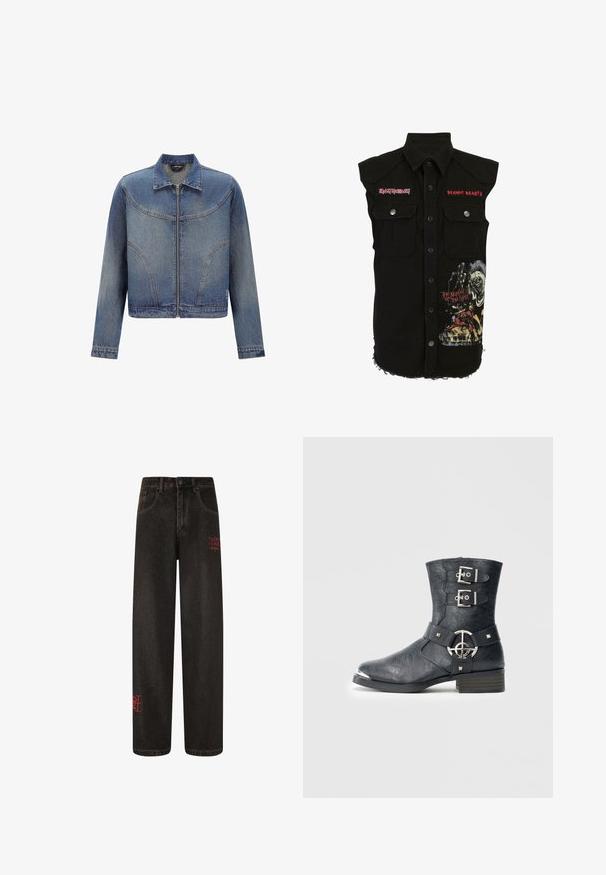 Blaue Jeansjacke mit Frontreißverschluss, klassischem Kragen, langen Ärmeln und geschwungenen Nahtdetails an Brust und Seiten.; Schwarze ärmellose Jeansweste mit zwei Brusttaschen, Knopfverschluss und Grafikdruck mit dem Design und den Logos von "The Number of the Beast".; Schwarz Denim Weitbeinjeans mit sichtbaren Nähten und roten gestickten Texten. Verfügt über einen klassischen Knopfverschluss und Gürtelschlaufen.; Schwarzer Lederknöchelstiefel mit abgerundeter Spitze, zwei Riemen mit Schnallen, silbernen Metallakzenten und niedrigem Blockabsatz. Strukturierte Oberfläche.
