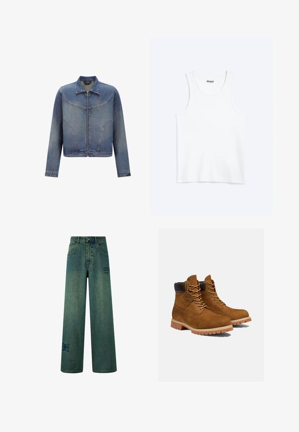 Chaqueta de denim azul con cremallera frontal, cuello clásico, mangas largas y detalles de costuras curvas en el pecho y los lados.; Camiseta sin mangas blanca con cuello redondo y etiqueta de la marca Weekday en el interior del cuello trasero, mostrada plana sobre un fondo claro.; Jeans de pierna ancha en denim azul oscuro con una sutil textura desgastada. Con bolsillos traseros y un detalle decorativo de logo.; Botines de ante marrón con un cuello acolchado negro, ojales dorados y suela de goma gruesa con un patrón de tacos para mayor tracción.