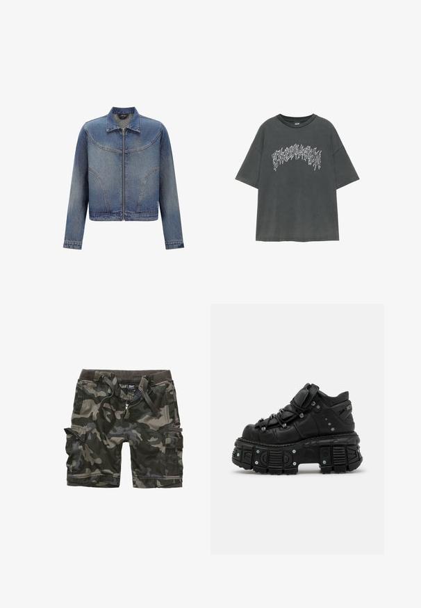 Blå denimjakke med frontlynlås, klassisk krave, lange ærmer og buede sømdetaljer på brystet og siderne.; Mørkegrå oversized t-shirt med korte ærmer og stiliseret hvid tekst i en savtakket skrifttype hen over brystet.; Cargo-shorts med camouflageprint i mørkegrøn og grå. Har flere lommer, lynlås foran og elastik i taljen med snøre. Holdbart stof.; Sorte læder høj-top sneakers med en tykk gummisål, snørebåndsdesign, polstret krave og metal accenter. Har en mønstret sål for godt greb.