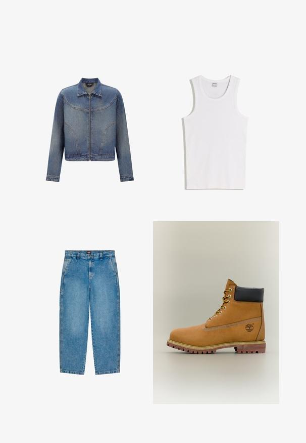 Blå denimjakke med frontlynlås, klassisk krave, lange ærmer og buede sømdetaljer på brystet og siderne.; Hvid bomulds tanktop med rund halsudskæring og brede skulderstropper. Glat tekstur, uden mønstre eller detaljer, enkelt design.; Lyseblå denim jeans med lige ben design. Har forlommer, lynlås og kontrastsyninger langs sømmene.; Brun læderankelstøvle med sort krave, gule snørebånd og tanfarvet sål. Har logo og hvide syninger som detalje. Robust ydersål med greb.