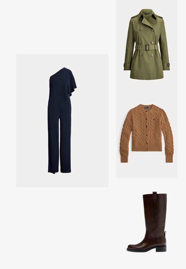 Oliivinvihreä kaksirivinen trenssi olkatoppauksilla, napitettu mansetit, vyötärölle solmittu vyö ja leveä kaulus.; Navy yhdeksänolkalot jumpsuit, jossa on roikkuva röyhelö yhdellä puolella, napakka istuvuus ja leveät lahkeet, valmistettu sileästä ja kevyestä kankaasta.; Ruskea palmikkoneuleliivi pyöreällä pääntiellä, napillinen kiinnitys, pitkät hihat, resorit hihansuissa ja helmassa sekä pieni kirjailtu logo rinnassa.; Tummanruskea polveen ulottuva nahkasaapas, jossa on matala palikkakorko, yläosassa ja takana vedinlenkit sekä pyöreä kärki, kuvattuna sivuprofiilista.