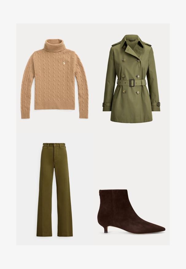 Trench-coat croisé vert olive avec épaulettes, poignets boutonnés, ceinture à la taille et large col.; Pull col roulé en maille torsadée couleur camel, manches longues et poignets côtelés, avec un petit logo brodé sur la poitrine.; Pantalon large kaki en tissu coton. Comprend une taille haute, une fermeture à bouton sur le devant, et des jambes droites et longues.; Bottine en daim brun foncé avec bout pointu et petit talon kitten court sur fond clair uni.
