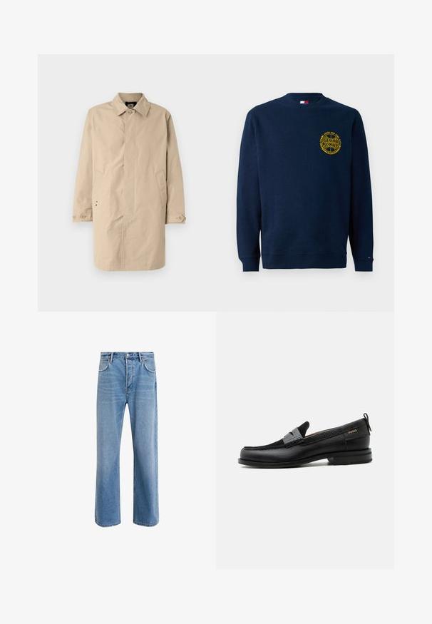 Beige, knælang frakke med krave, lange ærmer og sidelommer. Knaplukninger og glat, vævet stof med et enkelt design.; Marineblå crewneck sweatshirt med gul "Tommy Jeans New York City" logo på venstre bryst og lille flag på venstre manchette.; Lyseblå denim jeans med lige ben-design, fem lommer, knaplukning, minimal falming og kontraststingdetaljer.; Sort læderloafer med grå remdetalje, lav hæl og tekstureret sål, mærket med "HUGO" i guld på siden.