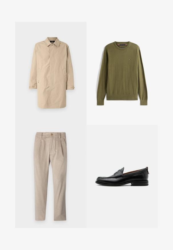 Manteau beige, mi-long, avec un col, des manches longues et des poches latérales. Fermetures à bouton et tissu tissé lisse avec un design simple.; Pull à manches longues couleur vert olive, col rond, avec petit logo Tommy Hilfiger sur la poitrine gauche et poignets et ourlet côtelés.; Pantalons en velours côtelé beige avec une taille élastique, fermeture à bouton et détails de plis, présentant un design à jambe droite et un tissu texturé.; Mocassin homme en cuir noir avec couture moc toe, bride penny, col texturé et petit talon empilé sur fond blanc.