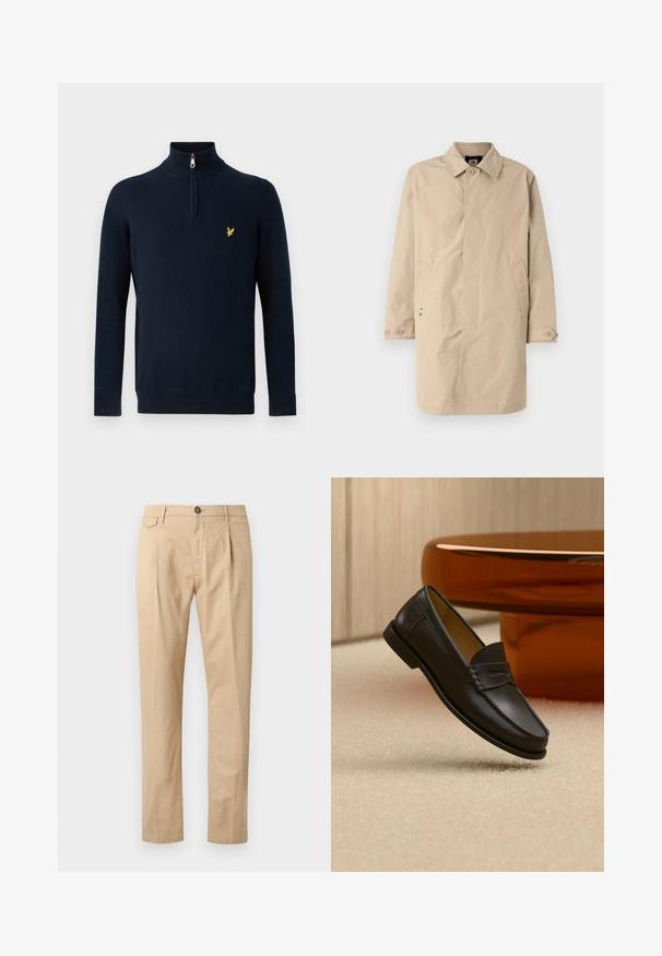 Beige, knælang frakke med krave, lange ærmer og sidelommer. Knaplukninger og glat, vævet stof med et enkelt design.; Marineblå pullover med halv lynlås ved kraven, lavet af glat stof; har et lille gult broderet logo på brystet.; Herre lige ben beige bomuldsbukser med frontlommer, bæltestropper, knaplukning og lynlås foran på en hvid baggrund.; Sort læder loafer-sko hængende over beige tæppe med ravfarvet moderne møblement i baggrunden.
