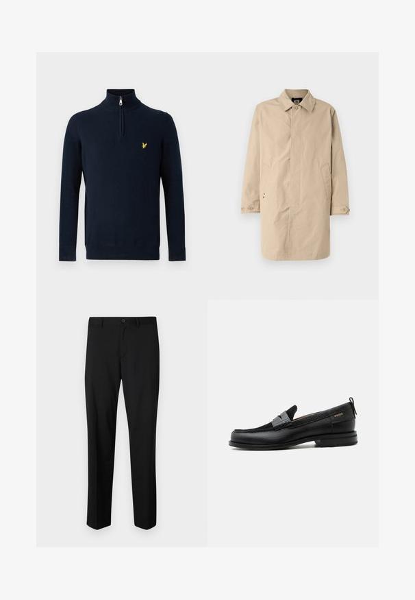 Beige, knælang frakke med krave, lange ærmer og sidelommer. Knaplukninger og glat, vævet stof med et enkelt design.; Marineblå pullover med halv lynlås ved kraven, lavet af glat stof; har et lille gult broderet logo på brystet.; Sorte skræddersyede bukser med flad front, standard talje og lige ben. Lavet af glat stof, med en enkelt knaplukning.; Sort læderloafer med grå remdetalje, lav hæl og tekstureret sål, mærket med "HUGO" i guld på siden.
