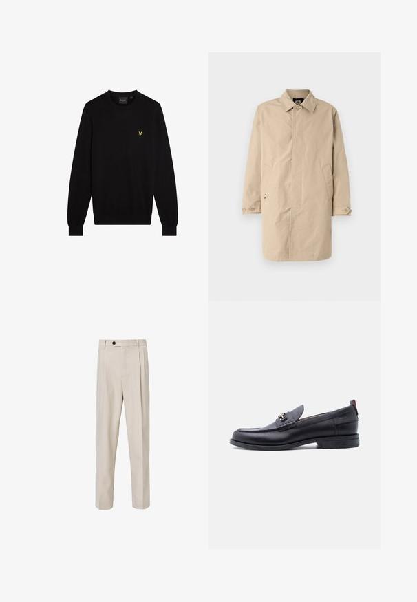 Beige, knælang frakke med krave, lange ærmer og sidelommer. Knaplukninger og glat, vævet stof med et enkelt design.; Sort sweater lavet af blødt stof med rund halsudskæring og lange ærmer. Lille gul broderet logo på venstre bryst.; Beige skræddersyede bukser med lige ben-design, der har frontplisseringer, knaplukning og en glat tekstur.; Sort lædermokasin med grå tekstureret forfod, sølvfarvet metalspænde, lav hæl og trækflap bagpå.