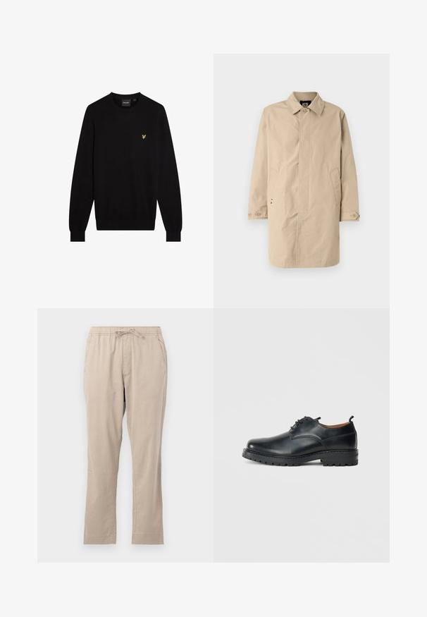 Beige, knielange jas met een kraag, lange mouwen en zijzakken. Met knoopsluitingen en een gladde, geweven stof met een eenvoudig ontwerp.; Zwarte trui van zachte stof, met een ronde halslijn en lange mouwen. Klein geel geborduurd logo op de linkerborst.; Beige, lichte broek met een elastische tailleband, voorkruizen en trekkoord. Gladde textuur en recht model.; Zwarte leren derby schoenen met een gladde textuur, ronde neus, vetersluiting en een dikke, robuuste rubberen zool.