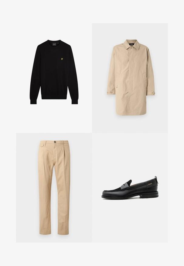 Beige, knielange jas met een kraag, lange mouwen en zijzakken. Met knoopsluitingen en een gladde, geweven stof met een eenvoudig ontwerp.; Zwarte trui van zachte stof, met een ronde halslijn en lange mouwen. Klein geel geborduurd logo op de linkerborst.; Beige katoenen herenrechtpijpspantalon met voorzakken, riemlussen, knoopsluiting en ritssluiting op een witte achtergrond.; Zwarte leren loafer met grijs riemdetailelement, lage hak en gestructureerde zool, aan de zijkant gebrandmerkt met "HUGO" in goud.