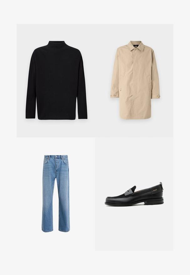Beige, knælang frakke med krave, lange ærmer og sidelommer. Knaplukninger og glat, vævet stof med et enkelt design.; Sort turtleneck sweater, lavet af blødt strikket materiale, med lange ærmer, afslappet pasform og høj halsudskæring. Ingen synlige mønstre eller hardware.; Lyseblå denim jeans med lige ben-design, fem lommer, knaplukning, minimal falming og kontraststingdetaljer.; Sort læderloafer med grå remdetalje, lav hæl og tekstureret sål, mærket med "HUGO" i guld på siden.