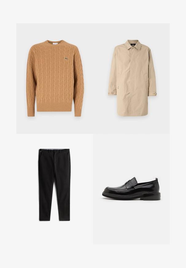 Abrigo beige hasta la rodilla con cuello, mangas largas y bolsillos laterales. Cierre de botones y tejido suave y tejido con un diseño sencillo.; Suéter de punto de cable en color camel, hecho de una tela texturizada, con un dobladillo y puños acanalados, y un pequeño logo verde en el pecho.; Chinos negros fabricados con material de mezcla de algodón, con un diseño de pierna recta, bolsillos frontales y un sutil detalle del logo en la cintura.; Calvin Klein MOCCASIN - Mocasines elegantes - black