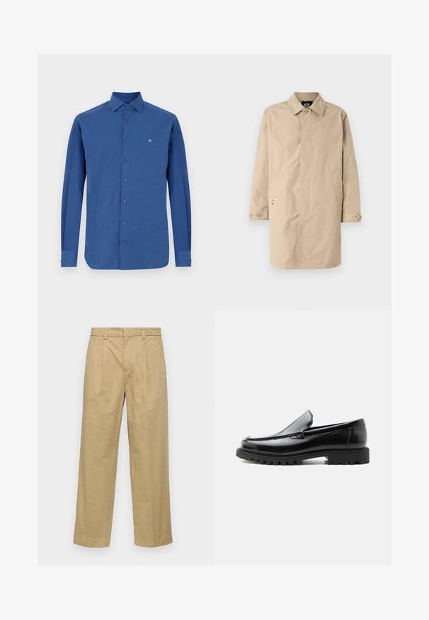 Abrigo beige hasta la rodilla con cuello, mangas largas y bolsillos laterales. Cierre de botones y tejido suave y tejido con un diseño sencillo.; Camisa azul de manga larga hecha de algodón, con un cierre frontal de botones, un cuello clásico y un sutil bordado del logo en el pecho.; Pantalones de algodón beige con un diseño de pierna recta, que cuentan con pliegues frontales y bolsillos laterales. La tela tiene una textura suave y lisa.; Mocasín de cuero negro con suela de goma gruesa, empeine cosido y nombre de la marca en relieve en el talón, mostrado en perfil lateral sobre fondo blanco.