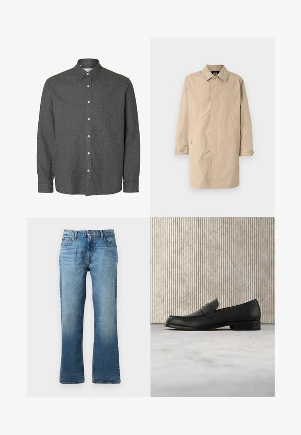 Beige, knielange jas met een kraag, lange mouwen en zijzakken. Met knoopsluitingen en een gladde, geweven stof met een eenvoudig ontwerp.; Donkergrijs overhemd met lange mouwen, knopen, een puntige kraag en witte knopen aan de voorzijde in het midden.; Lichtblauwe denim jeans met een rechte broekspijp, voorzien van een vervaagd uiterlijk, vijf zakken en een knoopsluiting met metalen hardware.; Zwarte leren loafer zweeft boven een beige tapijt met op de achtergrond een glanzende, ronde, bruine tafel.