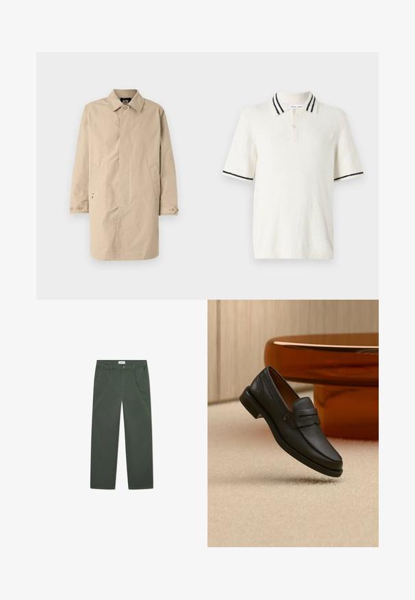 Beige, knælang frakke med krave, lange ærmer og sidelommer. Knaplukninger og glat, vævet stof med et enkelt design.; Kortærmet polo shirt i off-white tekstureret stof, med en strikket krave med to sorte striber og en tre-knaps lukning.; Mørkegrønne bomuldsbukser med lige ben-design, forlommer og knaplukning i taljen. Glat tekstur, uden mønstre.; Sort læder herreloafer med bånd tværs over toppen, vist på beige tæppe nær et brunt moderne rundt bord.