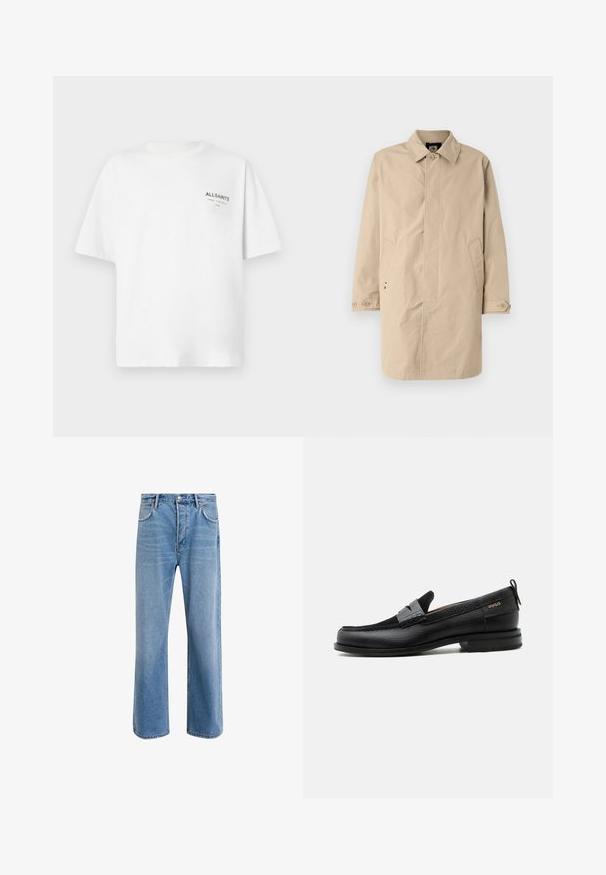 Beige, knælang frakke med krave, lange ærmer og sidelommer. Knaplukninger og glat, vævet stof med et enkelt design.; Hvid kortærmet bomulds T-shirt med lille sort "ALLSAINTS" tekst og japanske tegn trykt på venstre bryst.; Lyseblå denim jeans med lige ben-design, fem lommer, knaplukning, minimal falming og kontraststingdetaljer.; Sort læderloafer med grå remdetalje, lav hæl og tekstureret sål, mærket med "HUGO" i guld på siden.