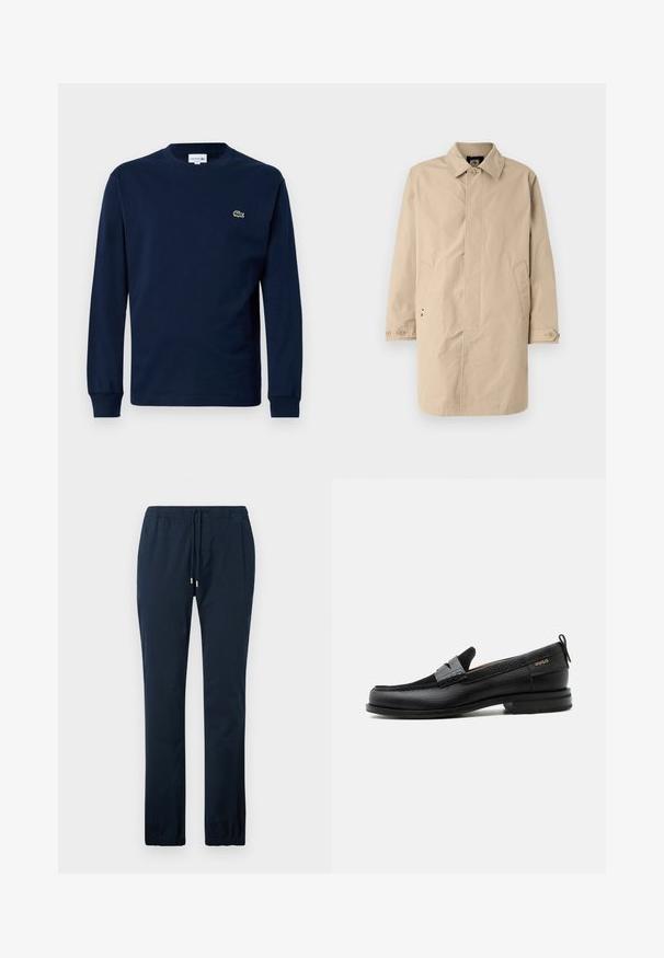 Beige, knælang frakke med krave, lange ærmer og sidelommer. Knaplukninger og glat, vævet stof med et enkelt design.; Marine langærmet t-shirt lavet af bomuld, med rund hals og et lille grønt krokodillelogo på venstre bryst.; Mørkeblå bukser lavet af glat stof, med en elastisk talje med snoretræk og tætsiddende ben med elastiske manchetter.; Sort læderloafer med grå remdetalje, lav hæl og tekstureret sål, mærket med "HUGO" i guld på siden.