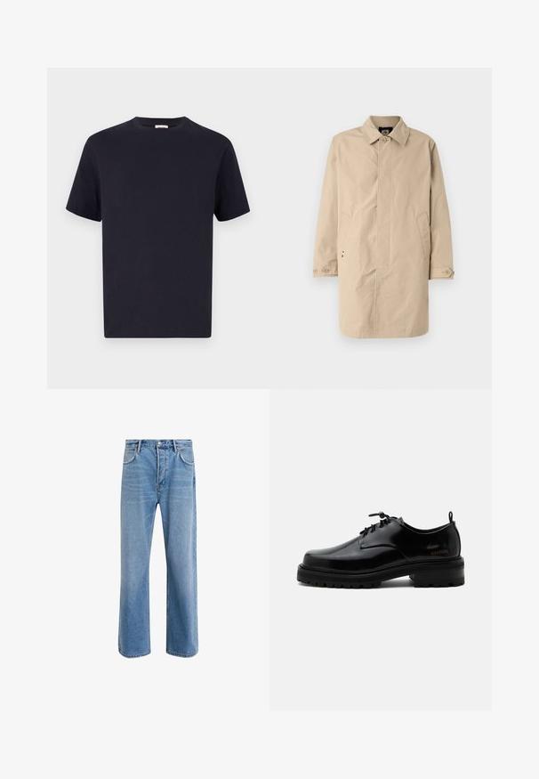 Beige, knælang frakke med krave, lange ærmer og sidelommer. Knaplukninger og glat, vævet stof med et enkelt design.; Marineblå bomulds T-shirt med rund halsudskæring, korte ærmer og afslappet pasform; glat tekstur; ingen synlige mønstre eller hardware.; Lyseblå denim jeans med lige ben-design, fem lommer, knaplukning, minimal falming og kontraststingdetaljer.; Sort poleret læder snørestøvle med tyk gummisål og lav hæl, sideskilt med mærketekst "SAMSOE" og bageste træksnor.